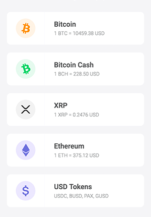 Currency examples: Bitcoin, Bitcoin Cash, XRP, Ethereum, USD Tokens